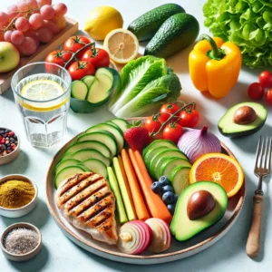 A plate of colorful vegetables, lean proteins, and a glass of water with lemon for diet and Healthy Eating tips 